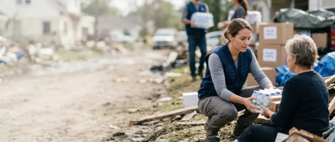 Wolontariuszka przekazuje butelki z wodą starszej kobiecie po katastrofie